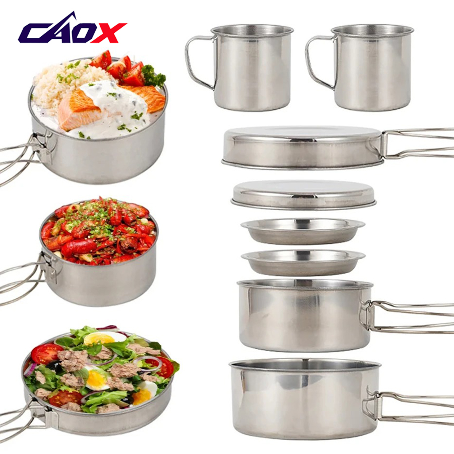 Camping Cooking Mess Kit - CAOX 8-delige camping kookset van roestvrij